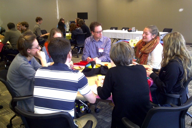 Students around tables