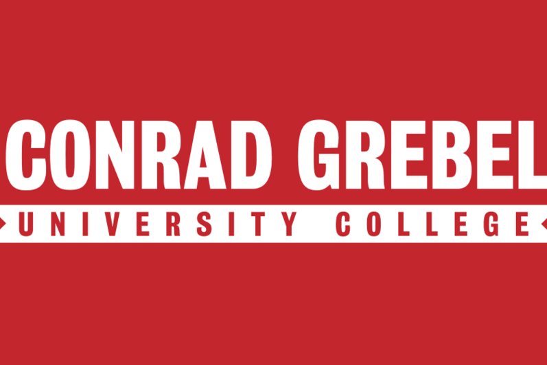 Conrad Grebel University College, in bold white text on a red background