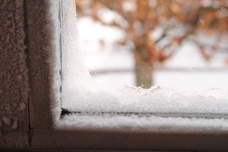 A corner of a window in the Grbel residence is covered in thick frost. 