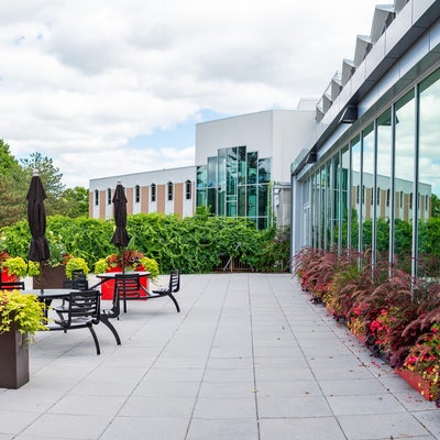 A view of the grebel patio in summer, facing the academic building. 