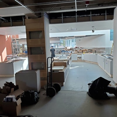 A view of the service area from the dining room shows how bright the new kitchen will be.