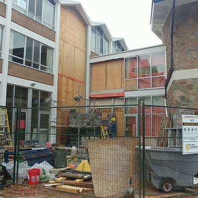 construction progress on the elevator by the patio