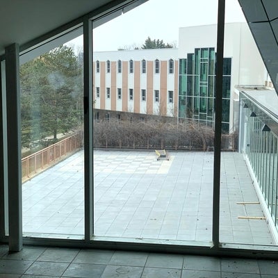 view of the new patio stones, including a chess board layout in the far corner. 