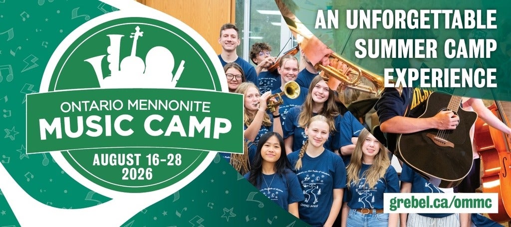 a collage of campers and instruments, text: Ontario Mennonite Music Camp, an unforgettable summer camp experience. 