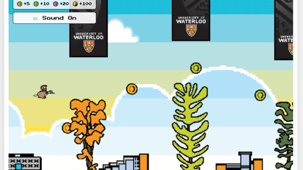 A pixeleated campus with a blue sky makes up the background of goose game, where you need to avoid the obstacles to collect coins.