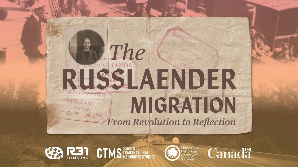 Sepia tone collage of 1920 travel documents, historical photo, and view of a train. "The Russlaender MIgration: From Revolution to Reflection"