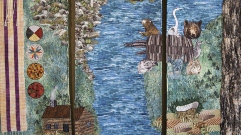 fibre art piece depicting Indigenous and Mennonite histories along the Grand River