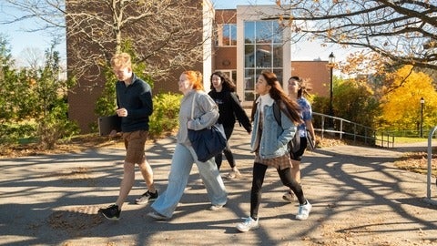 A group of students walking outside Grebel, with fall leaves on the ground