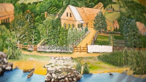 part of a hand painted landscape of a farmstead in Chortitza, Ukraine, 1975.
