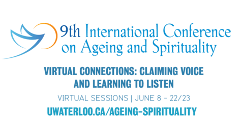graphic for aging and spirituality conference in blue text