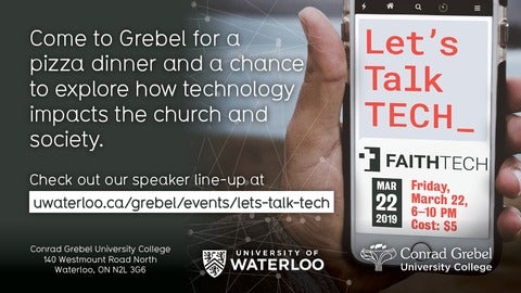 Person's hand holding smartphone that says, "Let's talk tech" on the screen.