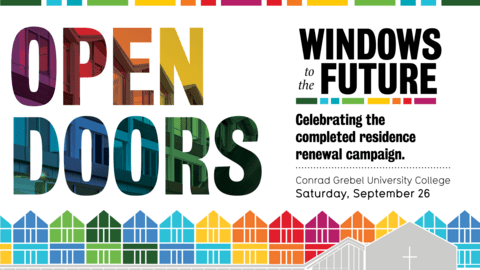 Open doors written in colourful text, a rainbow coloured illustration of the residence building arhchitecture.