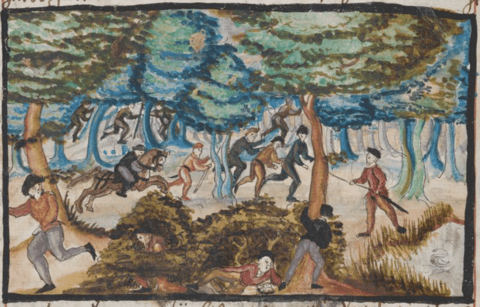 Illustration of a forest scene where several people are running, hiding in bushes, or chasing others. One person rides a horse, while others move between trees holding sticks.
