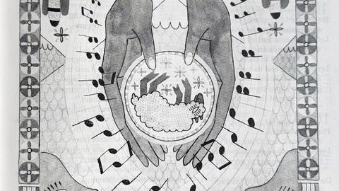 drawing containing birds, msuic notes and hands holding earth 