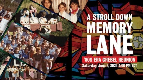 A graphic that reads "Stroll Down Memory Lane, 80s era reunion", with various old images from the 1980s, featuring alumni
