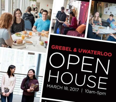 Grebel Uwaterloo Open house poster with images of students eating, students in dorm room, stuents studying and students walking 