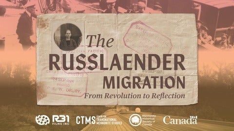 Sepia tone collage of 1920 travel documents, historical photo, and view of a train. "The Russlaender MIgration: From Revolution to Reflection"