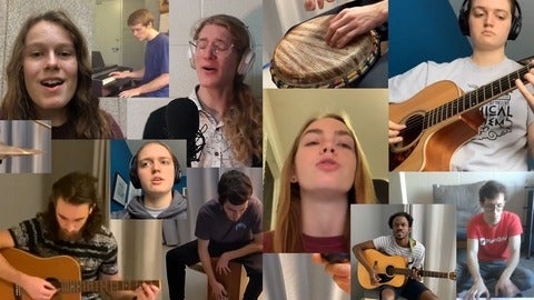 many photos collaged together of students playing instruments and singing