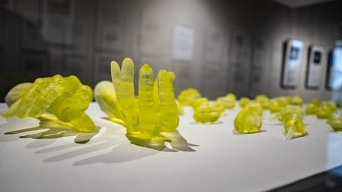 A view of uranium glass sculptures on a plinth in a gallery space