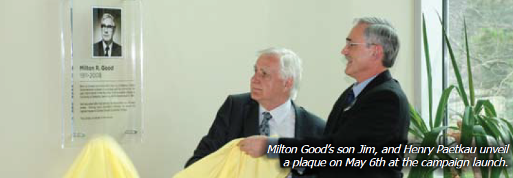 Milton Good's son Jim, and Henry Paetkau unveil a plaque on May 6th at the campaign launch.