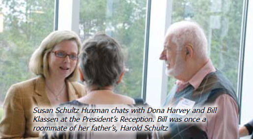 Susan Schultz Huxman chats with Dona Harbey and Bill Klassen at the President's Reception. Bill was once a roommate of her father's, Harold Schultz.