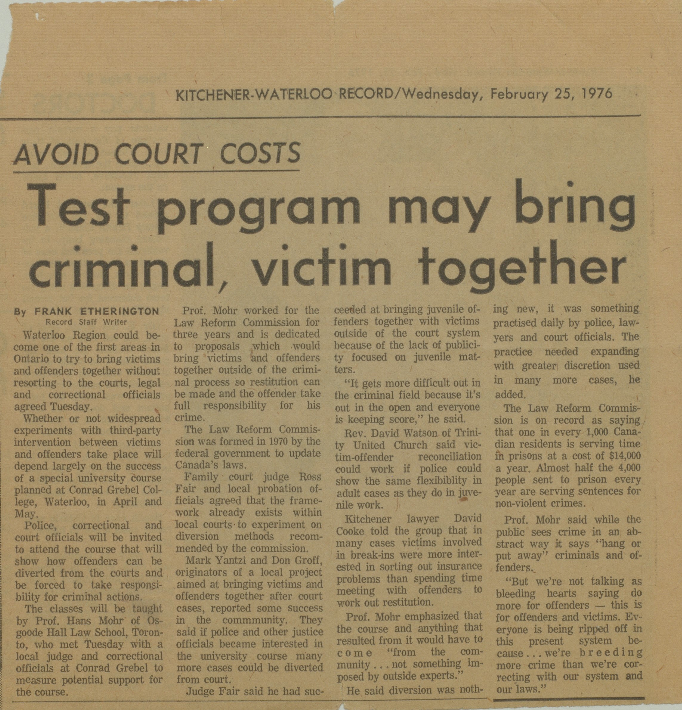 newspaper clipping about a program bringing criminal and victim together 
