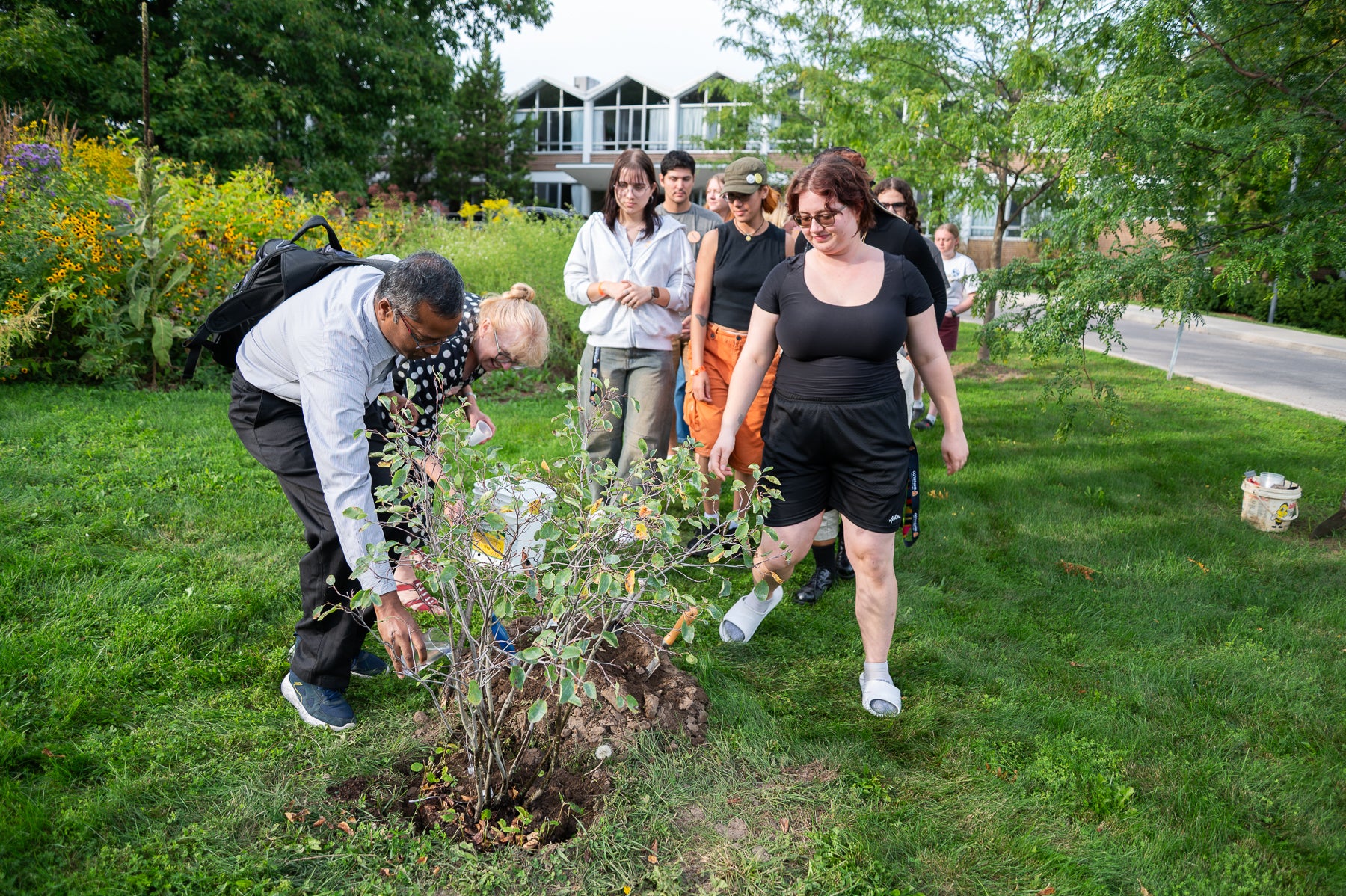 students help plant a service berry tree