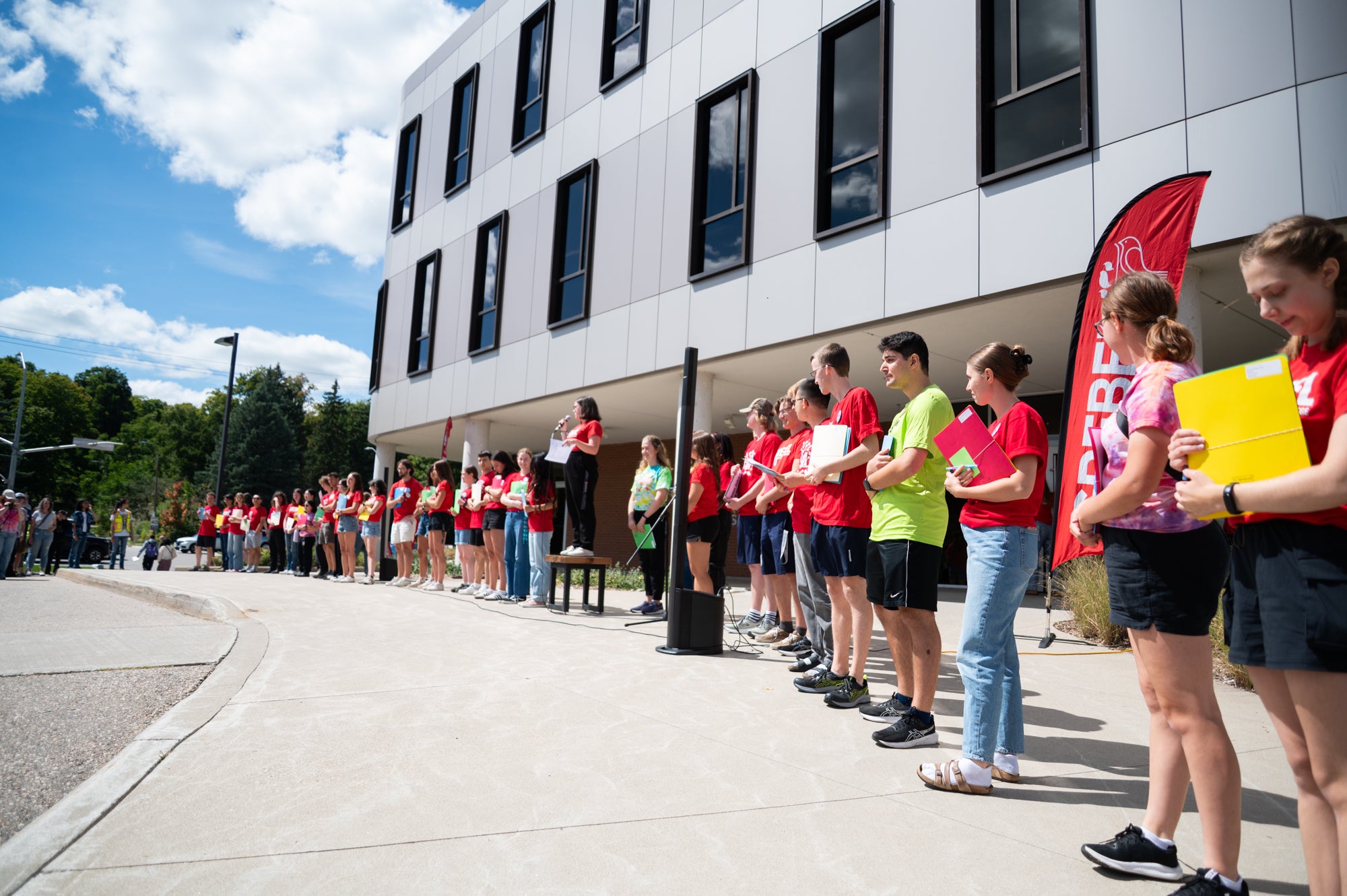 Students line up outside grebel