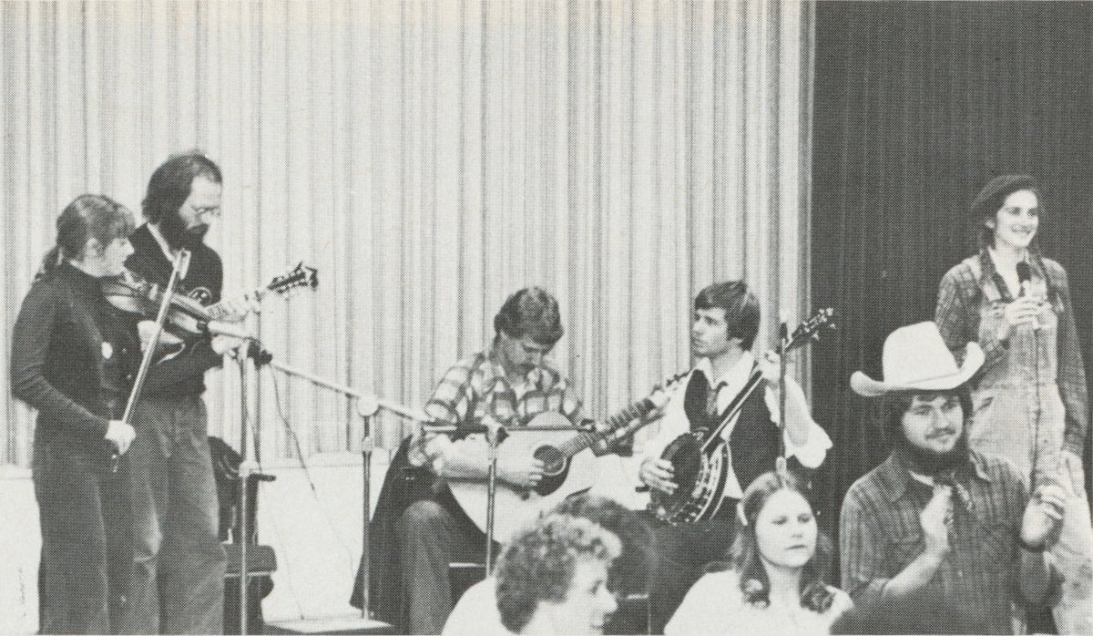 Students play music in band (black and white photo)