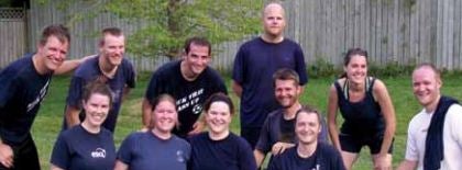 Front Row (L-R): Katie (Robertson) Bowman, Brenda (Shantz) Prins, Meg Bauman, Dave Braun, Mike Steinmann, and Ryan Lebold. Back Row (L-R): Gideon Prins, Mike Ratcliffe, Tyler Bowman, David Martin, Sara Cressman; missing: Annastasia (Davey) Lebold, Gena (Van Boom) Braun, Derrick Rempel, Andrea Wiebe, and Phil.