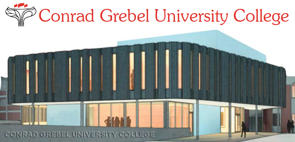 Conrad Grebel University College logo with CAD drawing/design of the new planned building.