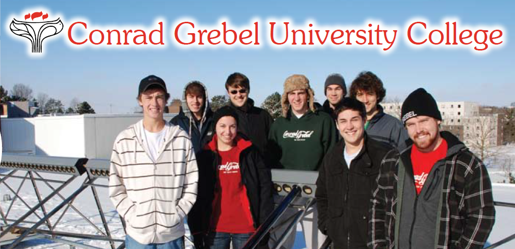 Conrad Grebel University College logo with a group photo of the participants of Solar Grebel.