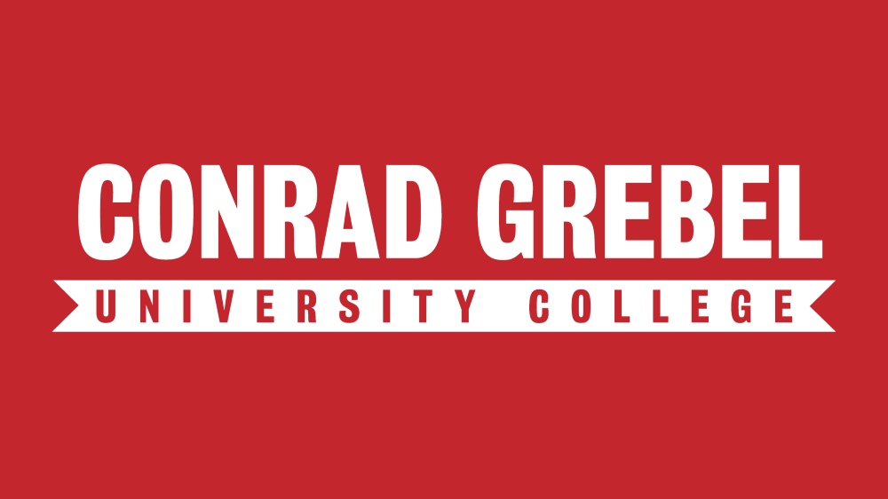 Conrad Grebel University College, in bold white text on a red background