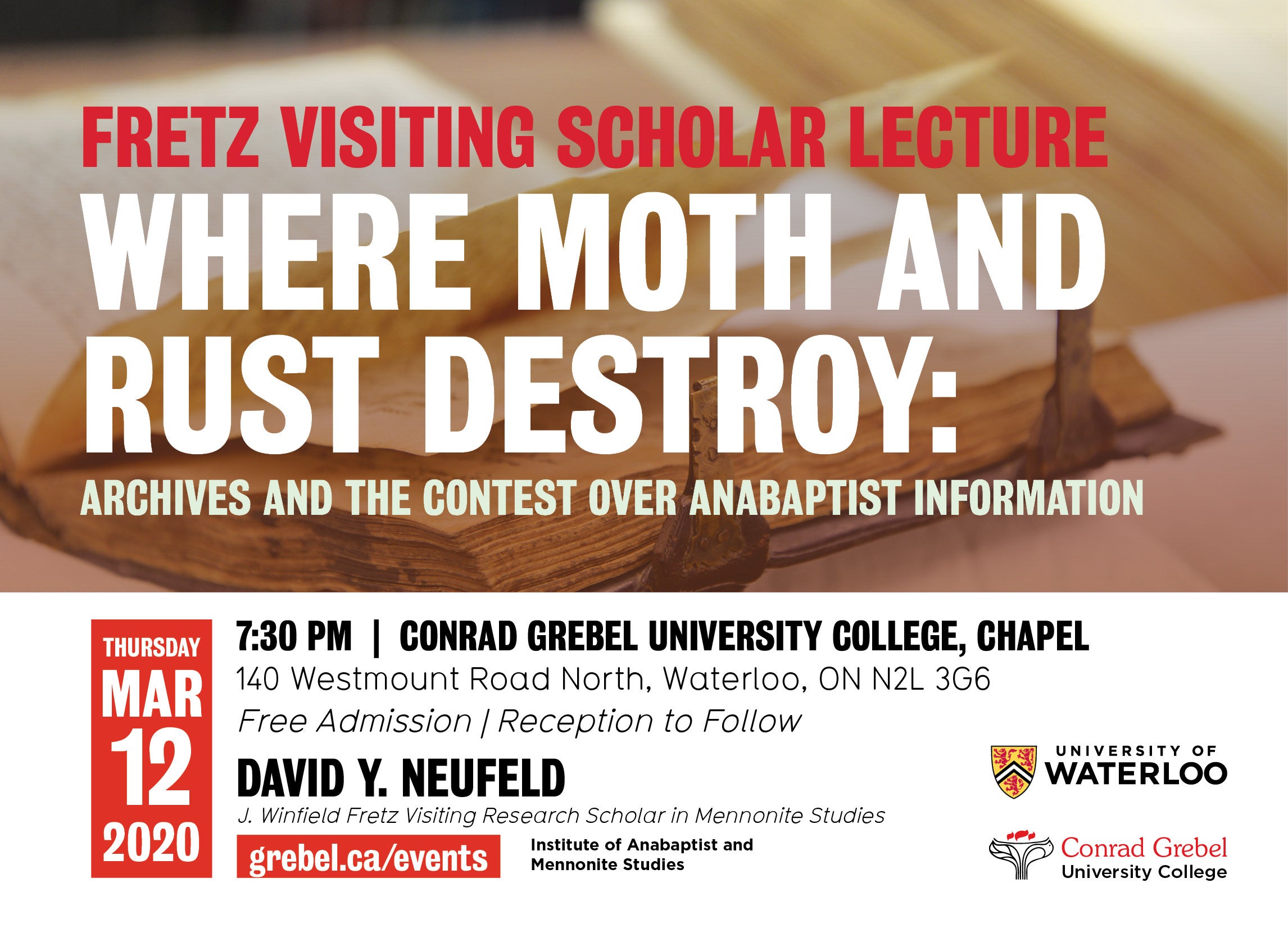 Invitation to Fretz lecture featuring an old book