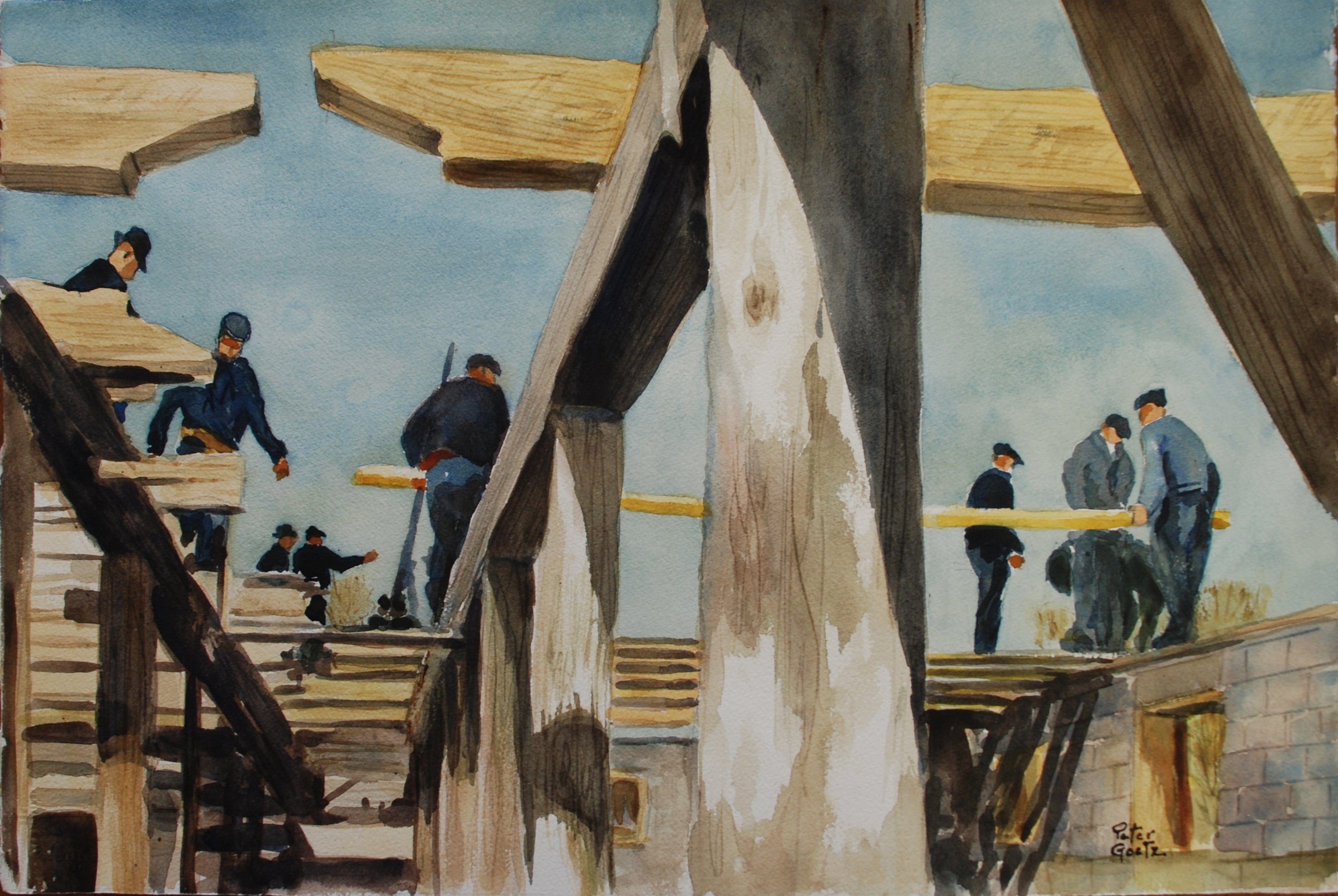 Painting of a barn raising by Peter Goetz.