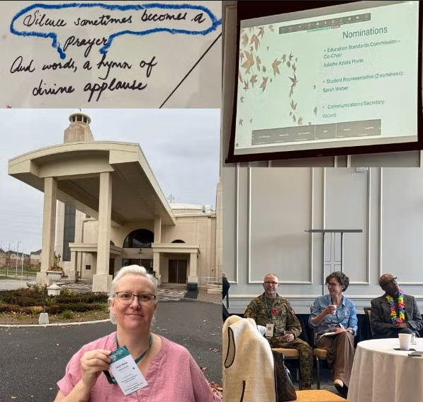 A collage of images, Sarah in front of a conference centre, a slideshow, hand written notes, and proffessors and guestes at conference.