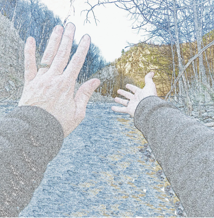 One hand reaching out and the other hand indicating stop.