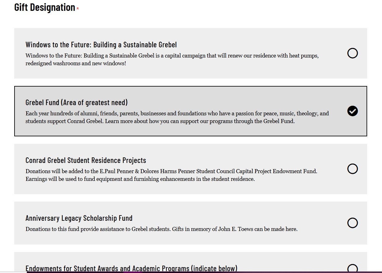 Gift Designation on Grebel Gift Form