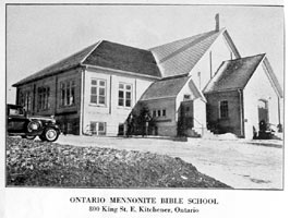 An old picture of the Ontario Mennonite Bible School in Kitchener, Ontario