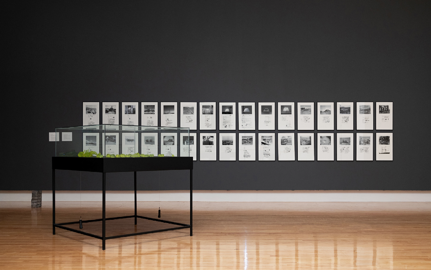 A dark gallery wall holds fifteen printed images, in two rows across it. A black table with glass sits in front of it. It's in a gallery space.