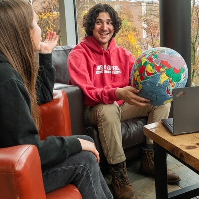 Students in the atrium at Grebel