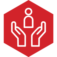 red and white logo with hands holding a person 