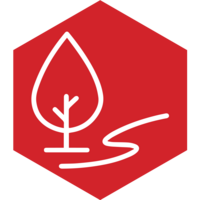 red and white icon of a tree with a river beside 