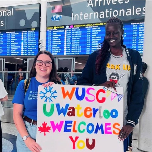 Abuk, Gemma, and WUSC picking Abuk from the airport