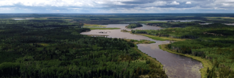 View from a helicopter of a series of connected lakes and wetlands, surrounded by boreal forest, and stretching into the distance
