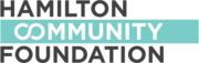Hamilton Community Foundation Logo, three line logo with one word per line with a blue banner in the middle hamilton all caps black on first line community in white within blue banner with c and o forming infinity logo foundation in black again on third line