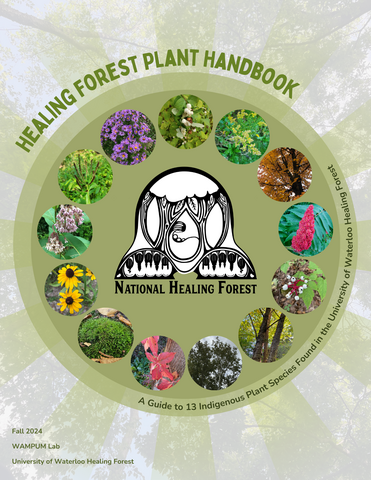 The cover of the Healing Forest Plant Handbook, featuring the Healing Forest logo and images of the 13 included plant species.