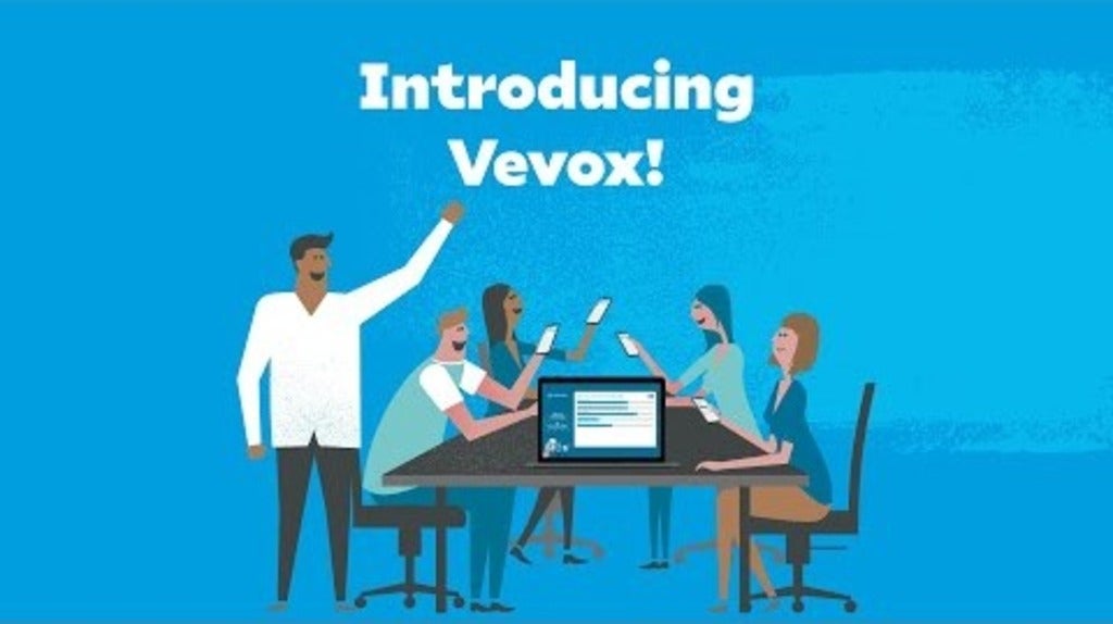 Cartoon of people sitting around a table with cellphones held high completing an online survey with the caption "Introducing Vevox!"