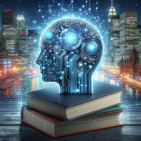 An AI generated image of a robot-like head on top of some books with a city in the background