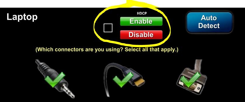 Screenshot of the touch panel options to disable HDCP